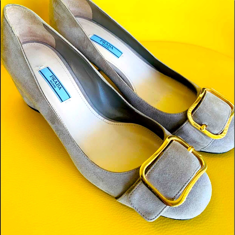 “PRADA suede slip on block heel with gold buckle”